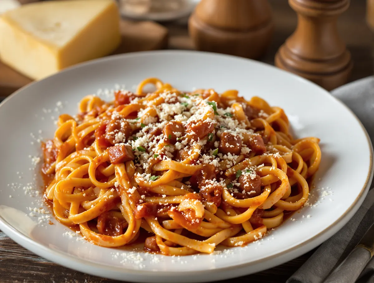 Amatriciana con guanciale croccante e pecorino
