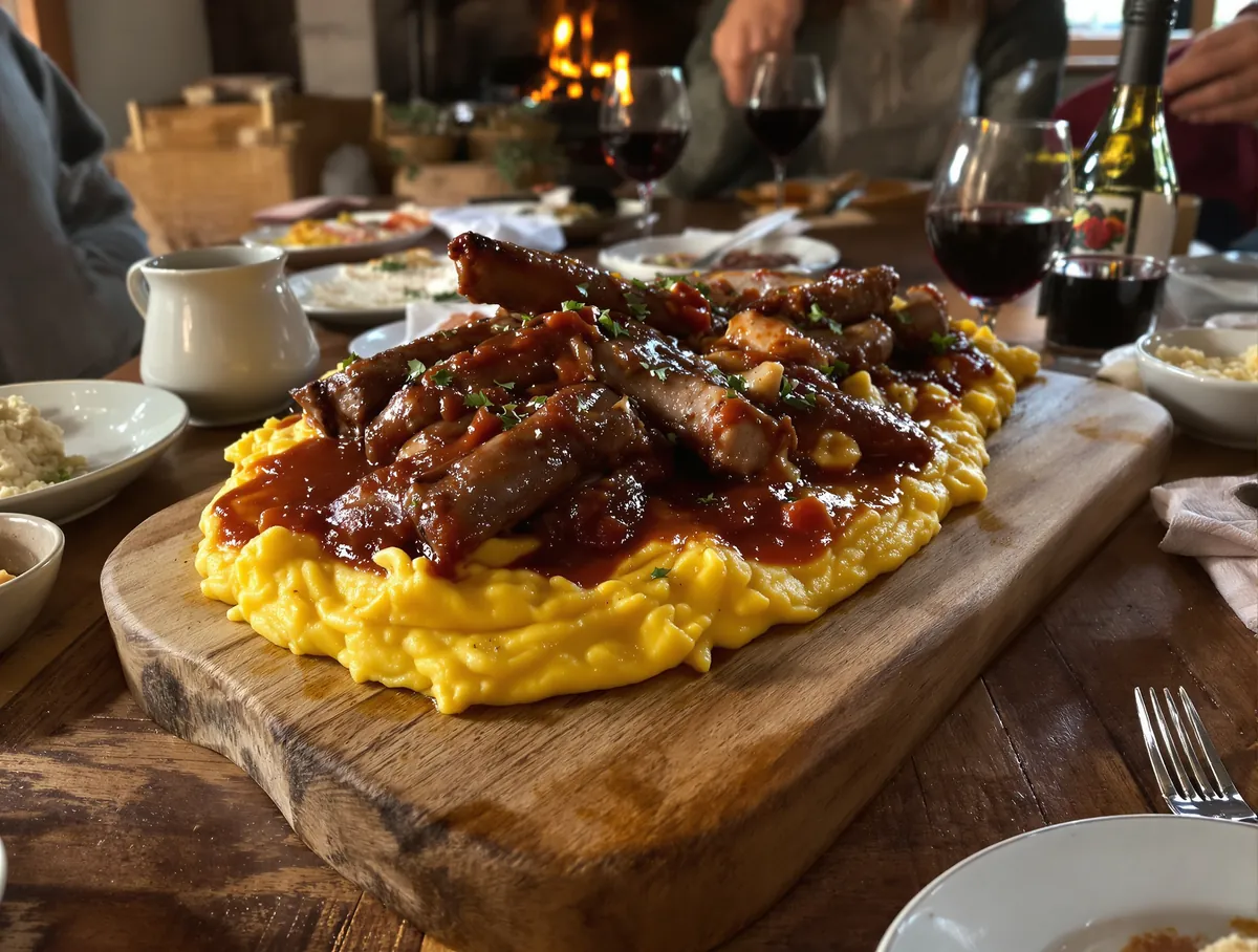 Polenta con spuntature e salsicce servita sul tagliere